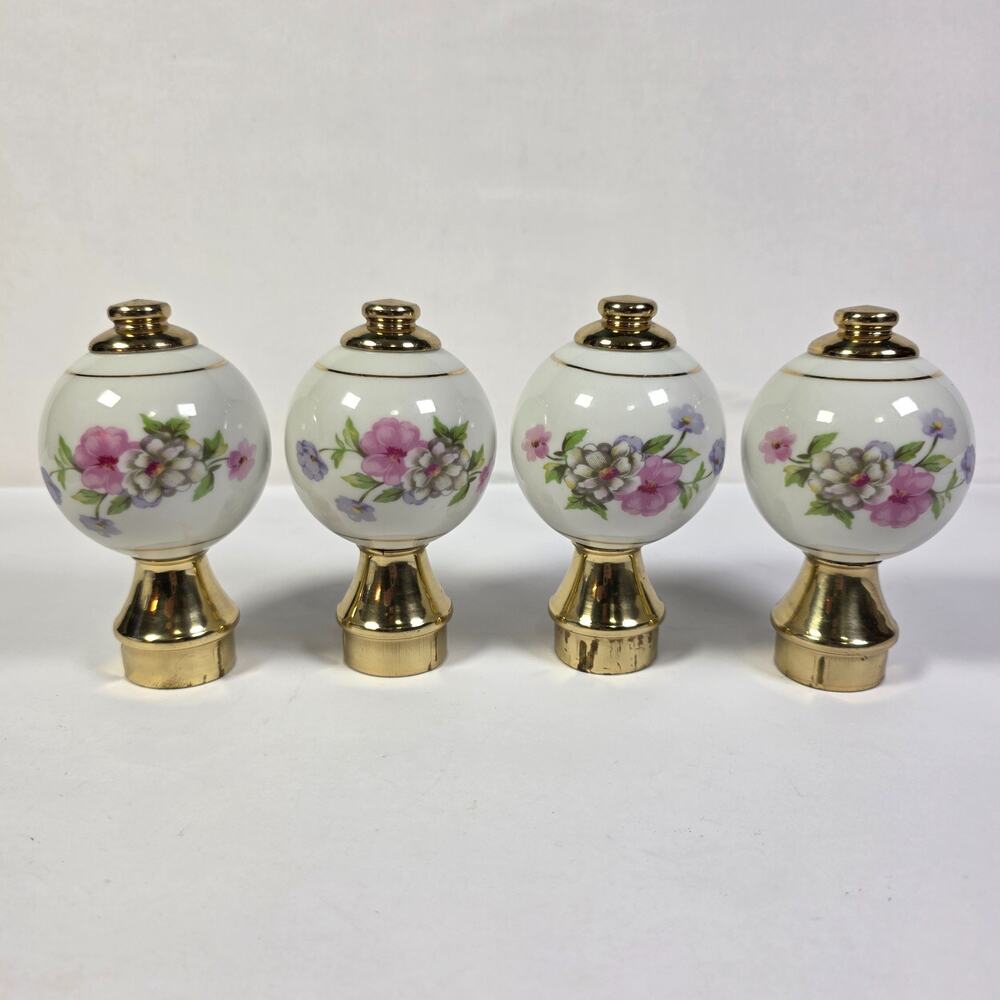 Vintage Porcelain Brass Floral Bed Post Finials Knobs Pink Purple Flowers Set 4